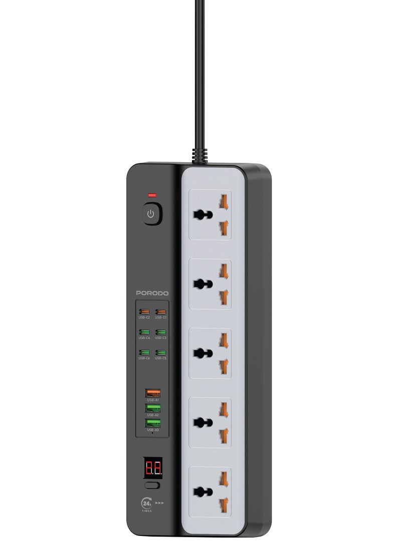 porodo 3 meters 3000W Universal Power Strip with 9 USB Ports and 5 AC Outlets / PD 35W & QC 20W Fast Charging / 24H Timer / Built-in Safeguards  - Black - Image 1